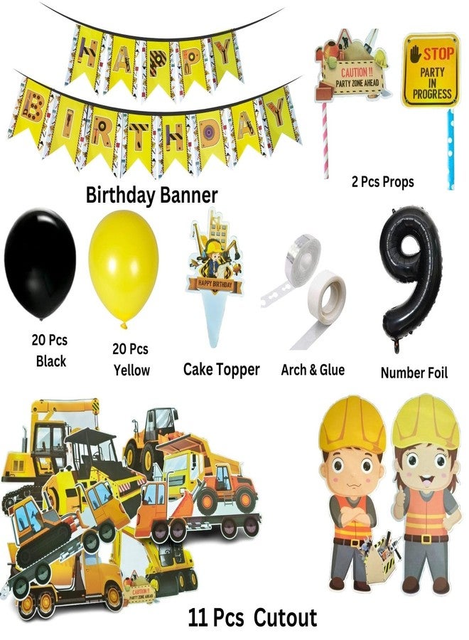 FI - FLICK IN 58 pcs JCB Construction 9th Birthday Decoration Set of Happy Birthday Cardstock Paper banner Transport Theme Dump Truck with Yellow or Black Party Decoration for Boys (Pack of 58) - Image 2